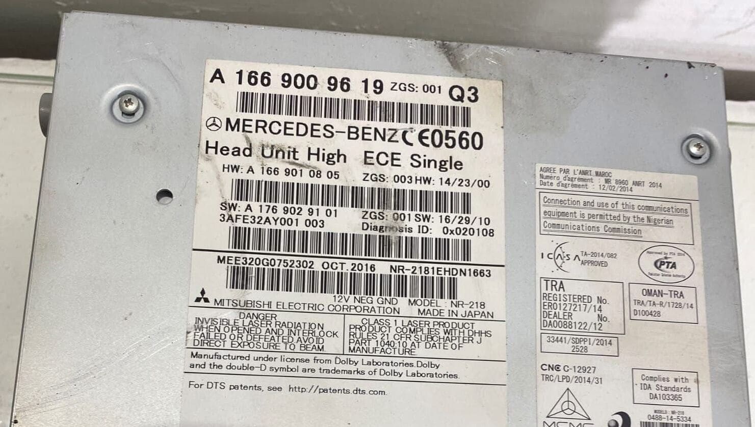 Mercedes radio serial label showing A 166 900 96 19